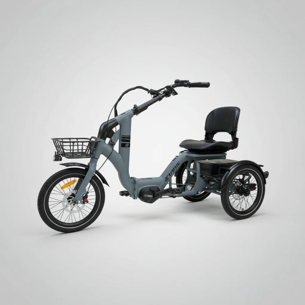 Vista laterale del triciclo per adulti Etnnic Mova di colore grigio con cesto anteriore e schienale imbottito