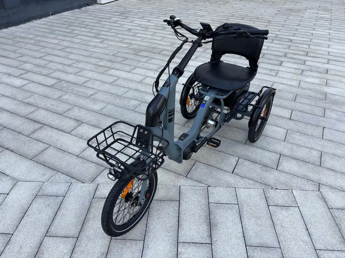 Vista dall'alto del manubrio e del cesto anteriore del triciclo per adulti Etnnic Mova