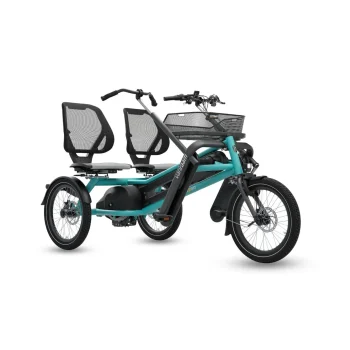 Tandem affiancato Van Raam Fun2Go turchese visto di tre quarti, con i due sedili accanto e il cestino anteriore